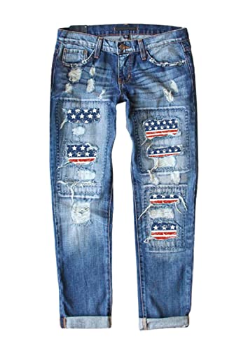 American Flag Pants - Astylish Womens Plaid Patch Ripped Boyfriend Distressed Stretch Skinny Denim Jeans with Hole
