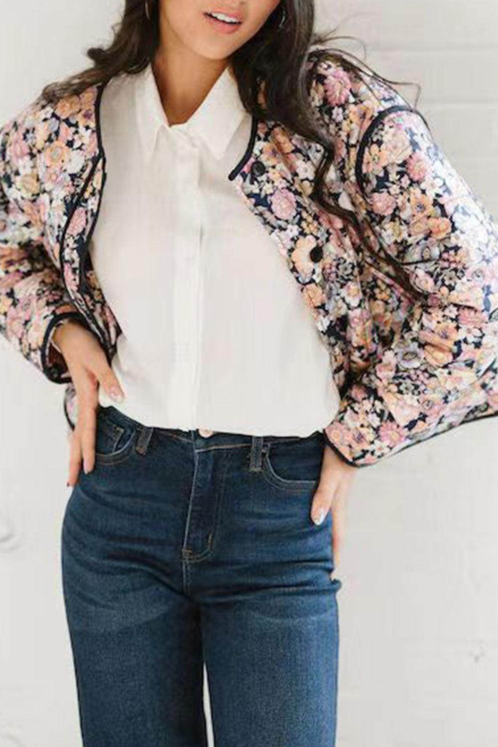 Floral Button Up Long Sleeve Winter Coat for Women