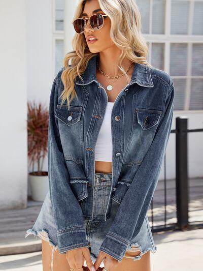 Button Up Long Sleeve Denim Jacket with Pockets for Women