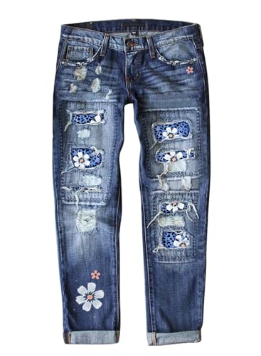American Flag Pants - Astylish Womens Plaid Patch Ripped Boyfriend Distressed Stretch Skinny Denim Jeans with Hole