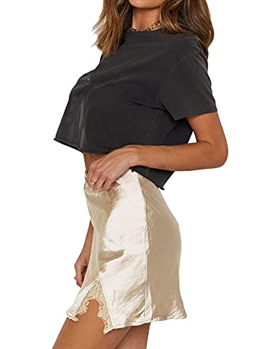 Cream Satin Skirt Outfit - LYANER Womens Satin Lace Trim Split Slit Hem Zipper High Wasit Mini Short Skirt
