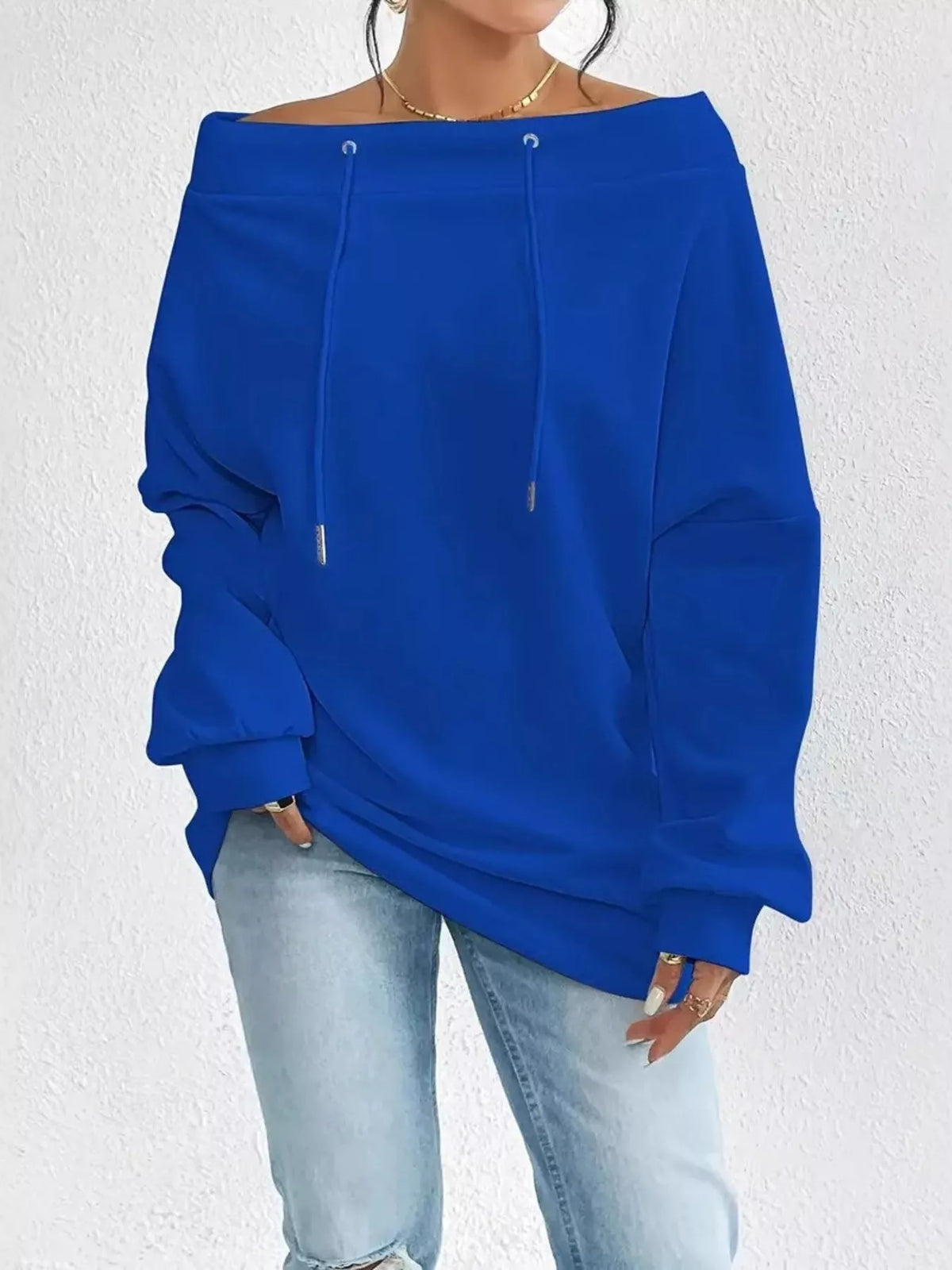 Off-Shoulder Drawstring Sweatshirt