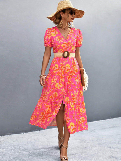 V-Neck Short Sleeve High Slit Midi Dress for Chic Style