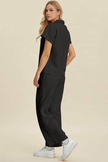 Double Take Full Size Collared Neck Short Sleeve Top Set