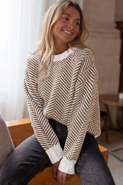 Striped Round Neck Long Sleeve Sweater for Women Fashion