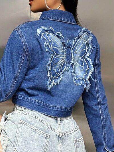Butterfly Patch Long Sleeve Cropped Denim Top For Women