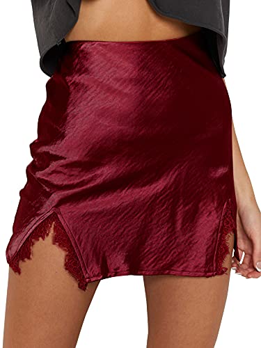 Cream Satin Skirt Outfit - LYANER Womens Satin Lace Trim Split Slit Hem Zipper High Wasit Mini Short Skirt