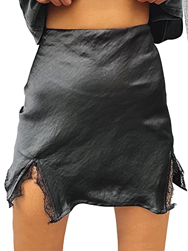 Cream Satin Skirt Outfit - LYANER Womens Satin Lace Trim Split Slit Hem Zipper High Wasit Mini Short Skirt