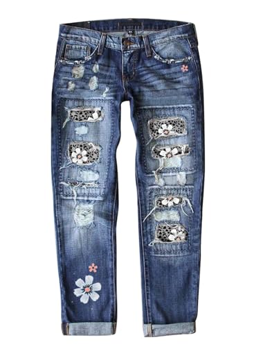 American Flag Pants - Astylish Womens Plaid Patch Ripped Boyfriend Distressed Stretch Skinny Denim Jeans with Hole