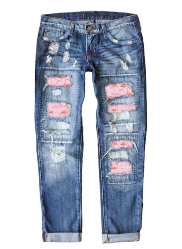 American Flag Pants - Astylish Womens Plaid Patch Ripped Boyfriend Distressed Stretch Skinny Denim Jeans with Hole