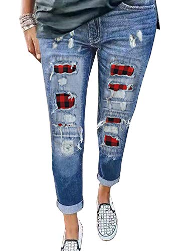 American Flag Pants - Astylish Womens Plaid Patch Ripped Boyfriend Distressed Stretch Skinny Denim Jeans with Hole