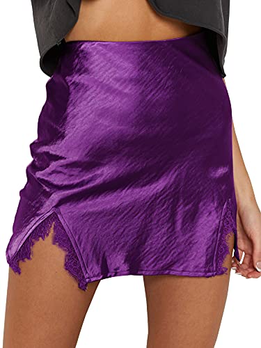 Cream Satin Skirt Outfit - LYANER Womens Satin Lace Trim Split Slit Hem Zipper High Wasit Mini Short Skirt