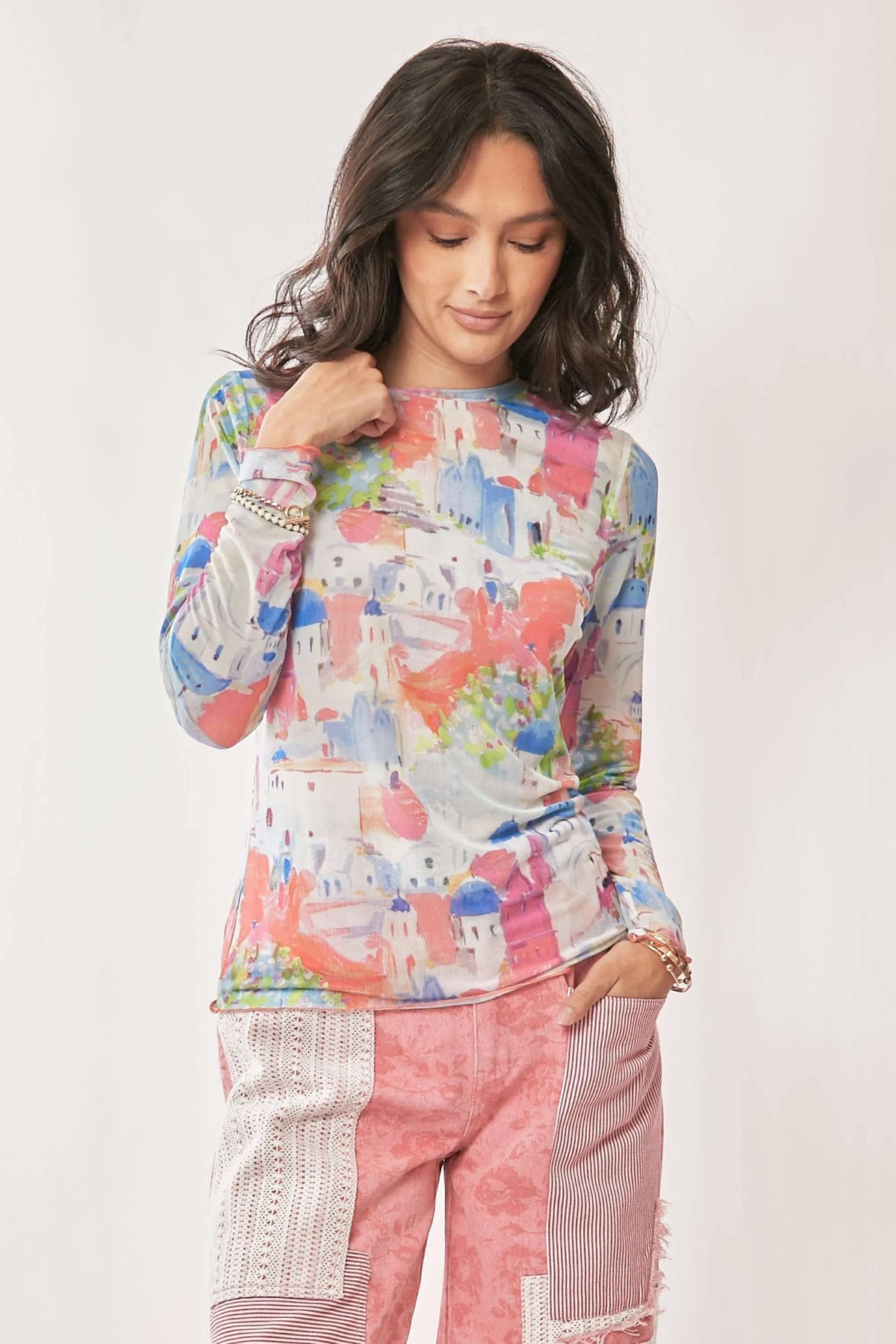 Davi &amp; Dani Multi Printed Mesh Round Neck Long Sleeve Top