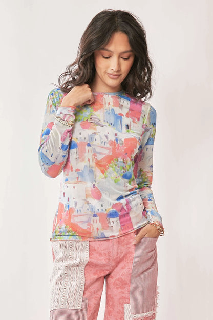 Davi &amp; Dani Multi Printed Mesh Round Neck Long Sleeve Top
