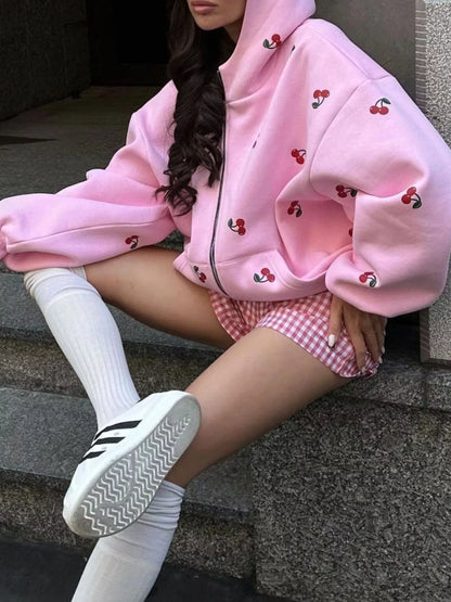 Cherry Print Oversized Zip-Up Hoodie