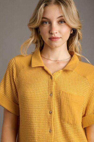Umgee Full Size Waffle-Knit Short Sleeve Button Down Shirt