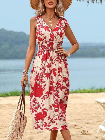 Perfee Smocked Printed Surplice Midi Dress for Women