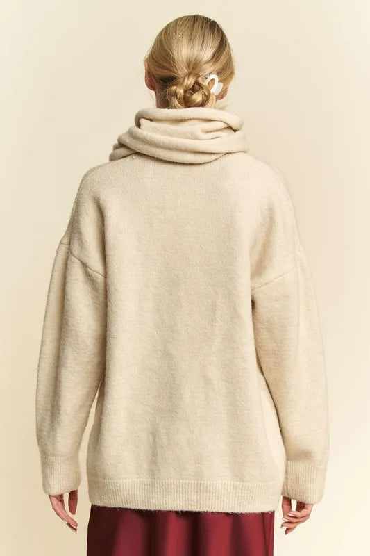 Davi &amp; Dani V-Neck Dropped Shoulder Sweater with Scarf