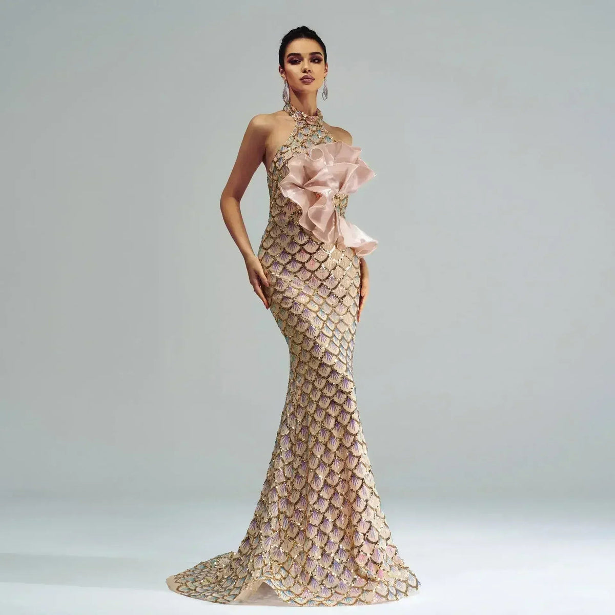 “Champagne Glam” Halter Mermaid Dress – Luxury for Elite Occasions