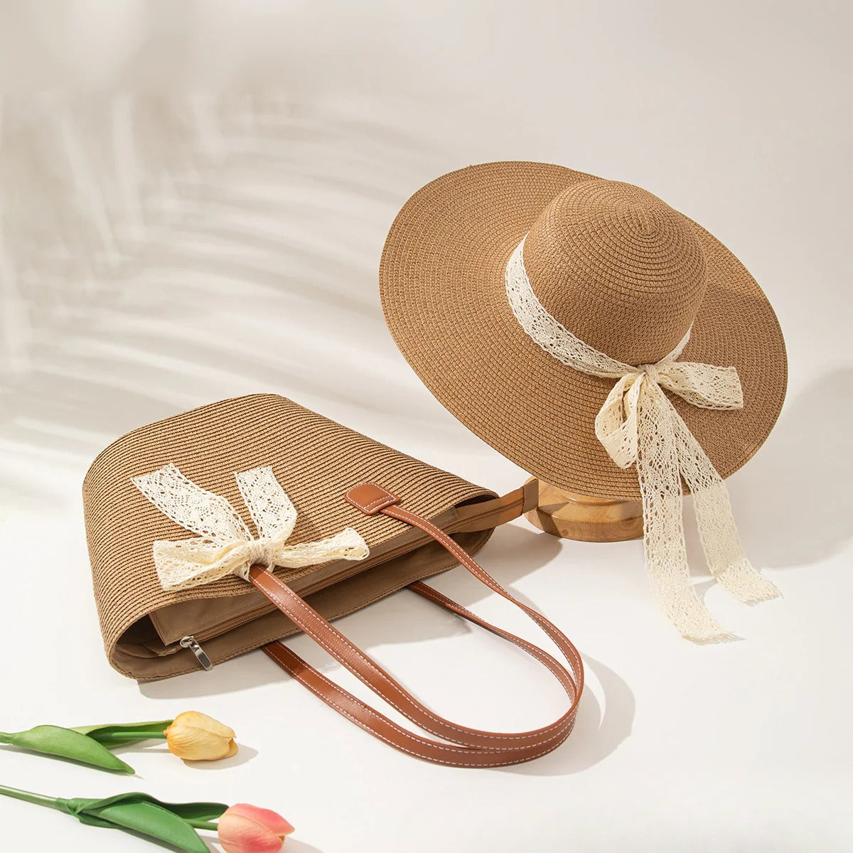 Straw Hat &amp; Tote Set – Beach Vacation Sun Protection Duo, Large Capacity Travel Tote