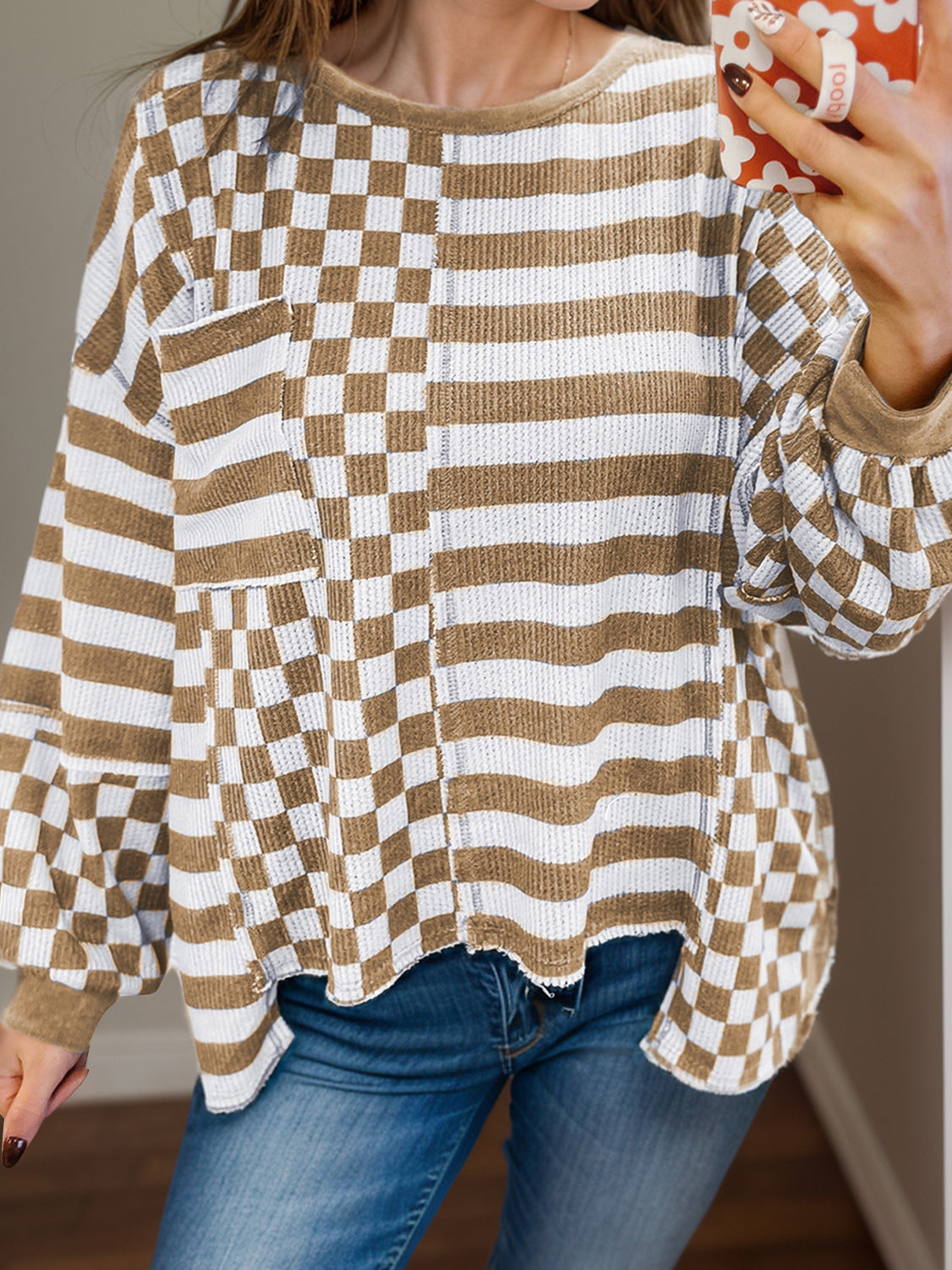 Checker &amp; Stripes Round Neck Long Sleeve Blouse