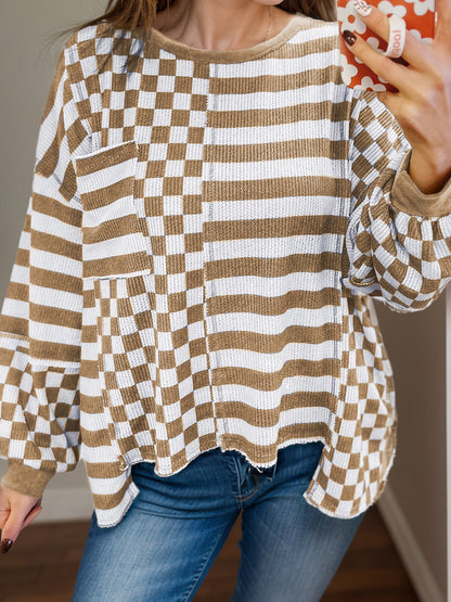 Checker &amp; Stripes Round Neck Long Sleeve Blouse