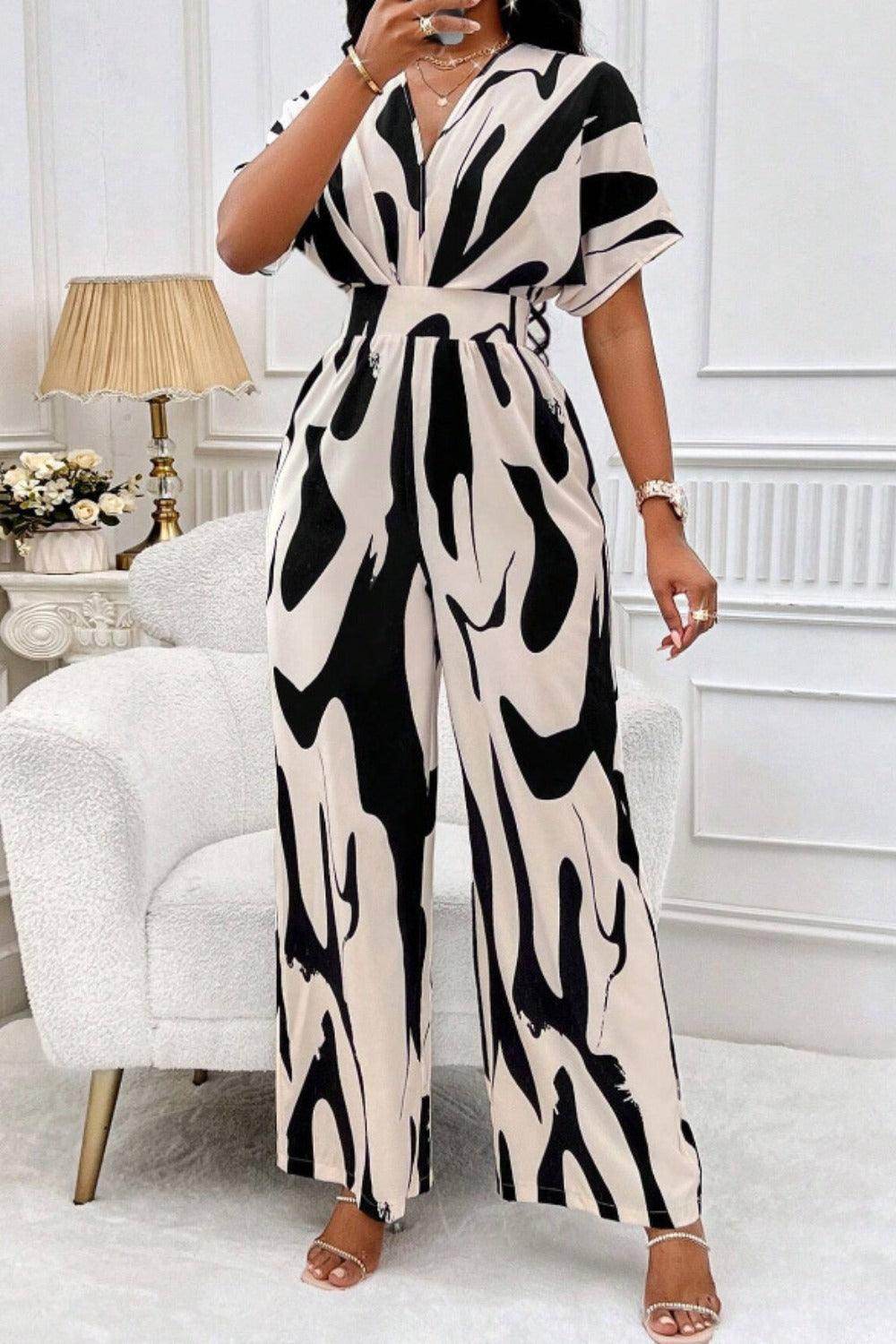 Printed V-Neck Short Sleeve Wide Leg Jumpsuit for Women