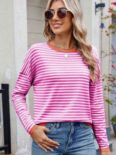 Striped Contrast Round Neck Long Sleeve Sweater for Women