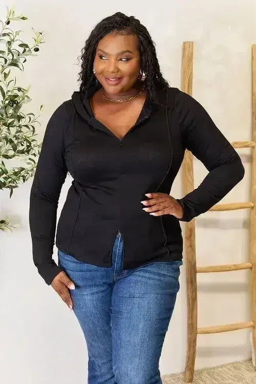 Black Exposed Seam Hoodie - Edgy Long Sleeve Design | Femstylo