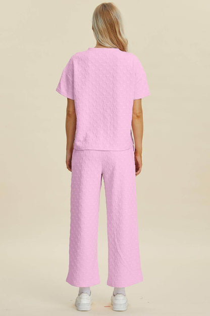 Double Take Full Size Texture Round Neck Top and Pants Set