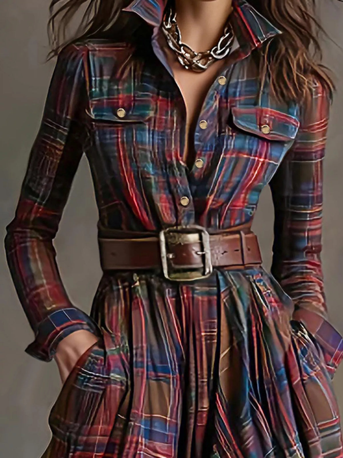 Plaid Button Front Maxi Shirt Dress
