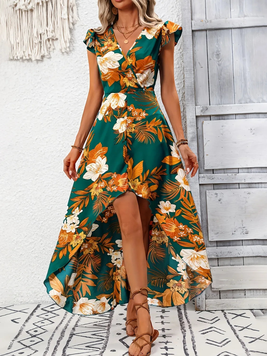 High-Low Printed Cap Sleeve Maxi Dress