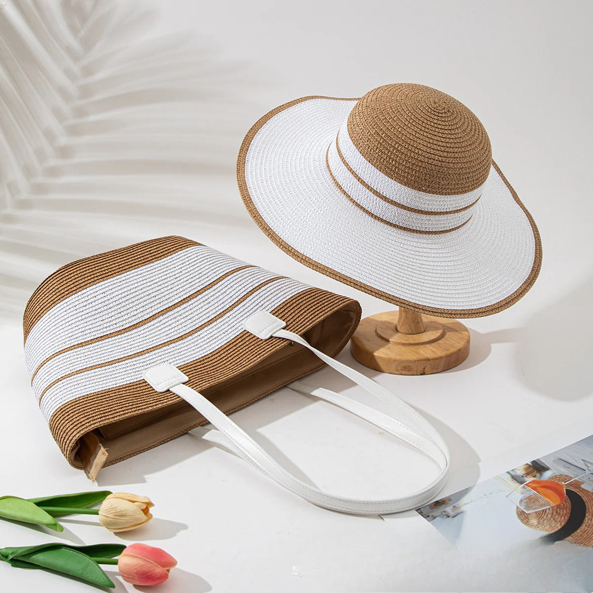 Straw Hat &amp; Tote Set – Beach Vacation Sun Protection Duo, Large Capacity Travel Tote