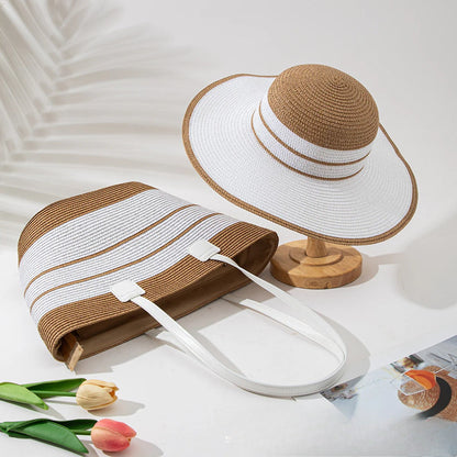 Straw Hat &amp; Tote Set – Beach Vacation Sun Protection Duo, Large Capacity Travel Tote