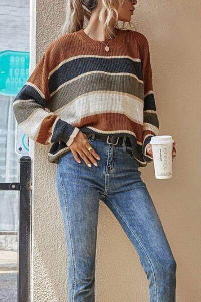Contrast Striped Round Neck Long Sleeve Sweater for Women