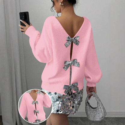 Fashionable Loose Knitted Sweater With Sequin Bow Accent
