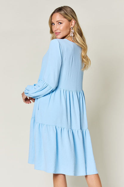 V-Neck Balloon Sleeve Tiered Boho Midi Dress