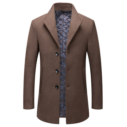 Stand-collar Cotton-lined Wrinkle-resistant Mid-length Wool Coat