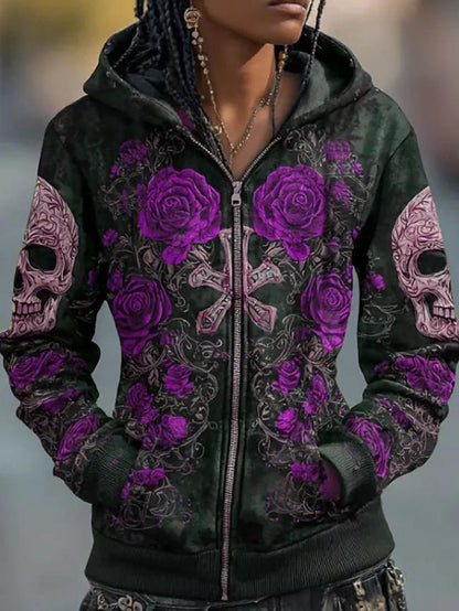 Printed Hooded Zip-Up Cardigan Fashionable Casual Womens Sweatshirt