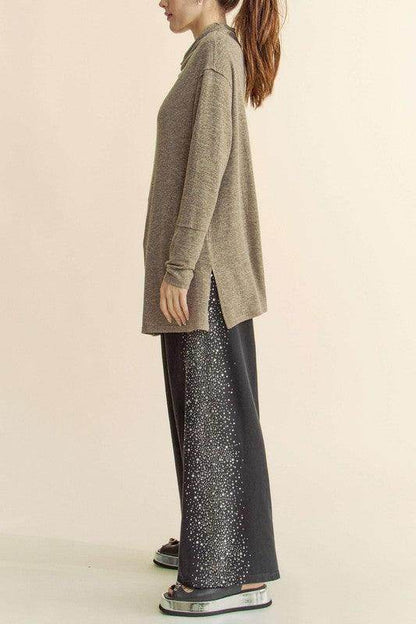 Davi &amp; Dani Slit Mock Neck Long Sleeve Top for Women
