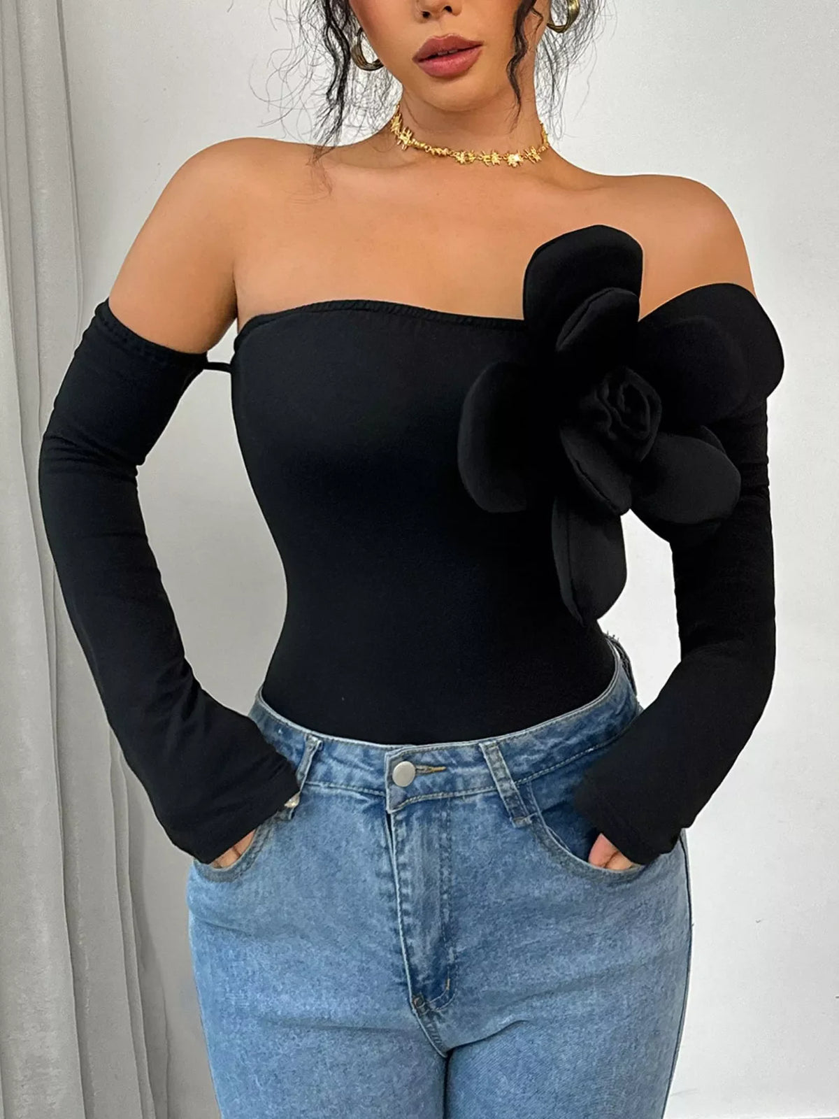 Flower Off-Shoulder Long Sleeve Bodysuit