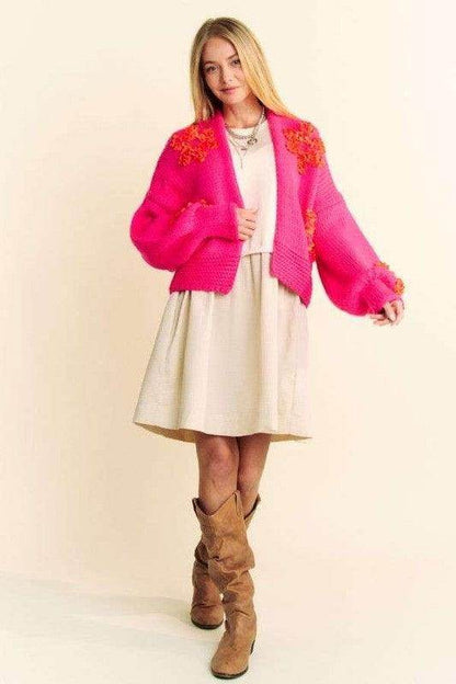 Davi &amp; Dani Floral Applique Open Front Drop Shoulder Cardigan