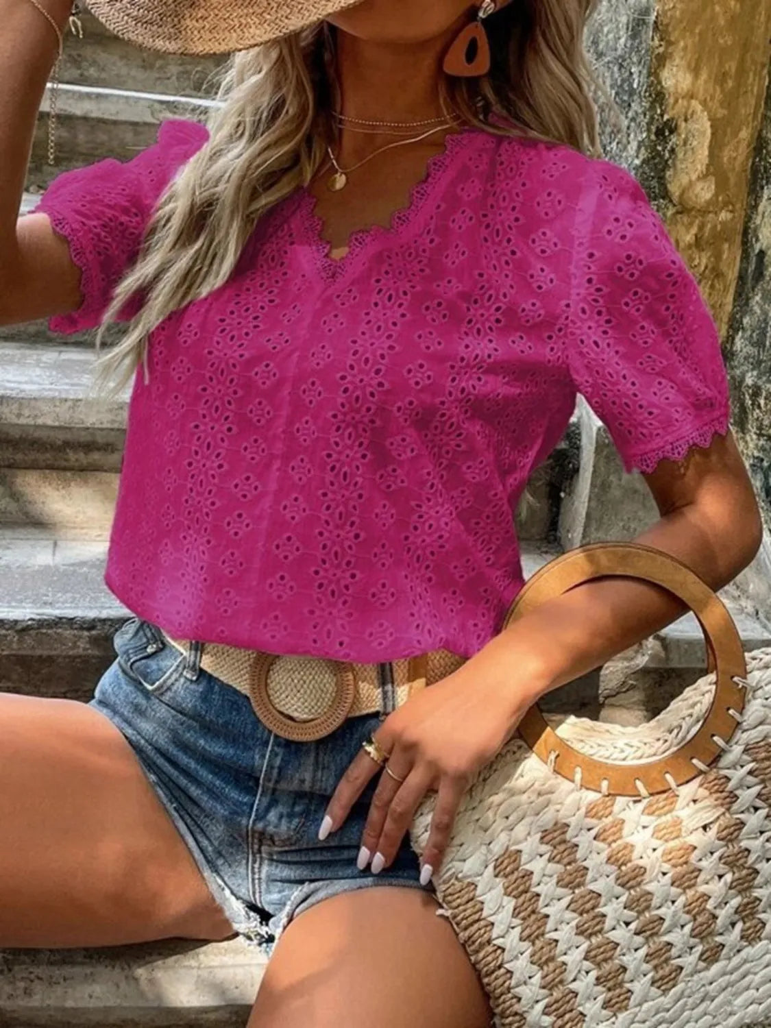 Full Size Eyelet V-Neck Short Sleeve Blouse Plus Size