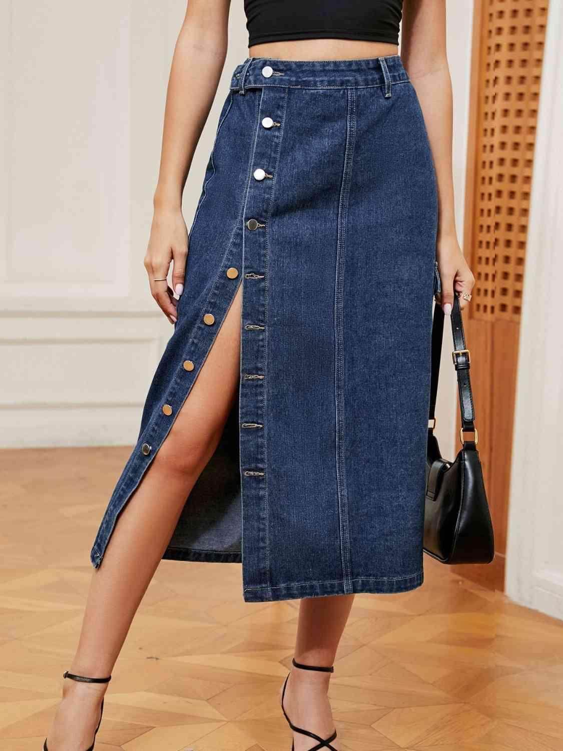 Button Down Midi Denim Skirt with Pockets and Button Detail