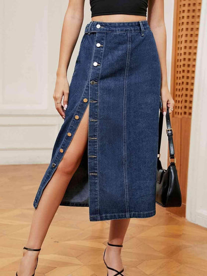 Button Down Midi Denim Skirt with Pockets and Button Detail