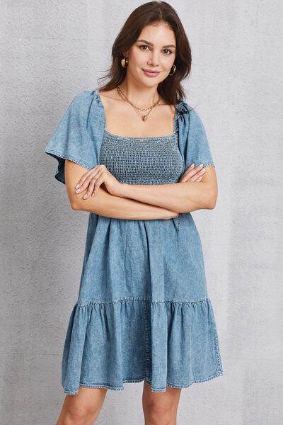 Smocked Square Neck Mini Denim Dress for Women Stylish