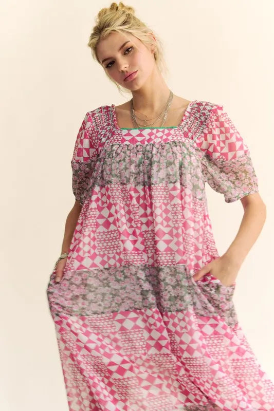 Davi &amp; Dani Multi Floral Square Neck Puff Sleeve Maxi Dress