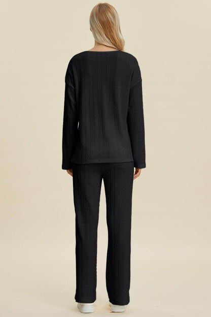 Double Take Full Size Cable-Knit Long Sleeve Top Pants Set