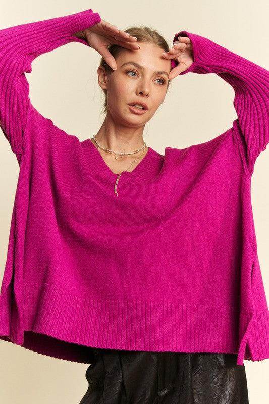 Davi &amp; Dani Ribbed Side Slit V-Neck Sweater for Women