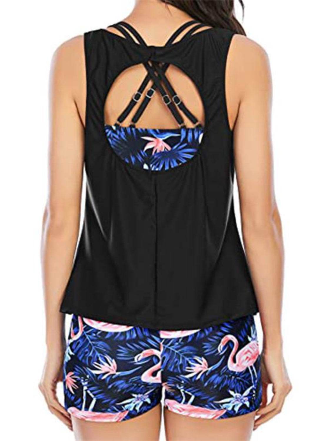Cutout Printed Round Neck Three-Piece Swim Set